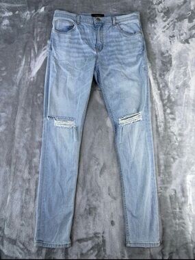 Oro Los Angeles Mens Jeans Sz 34x30 Distressed Ripped LightBlue Wash Broken Loop